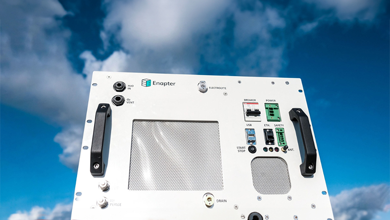 AI-enabled Enapter electrolyzer unit against a bright sky