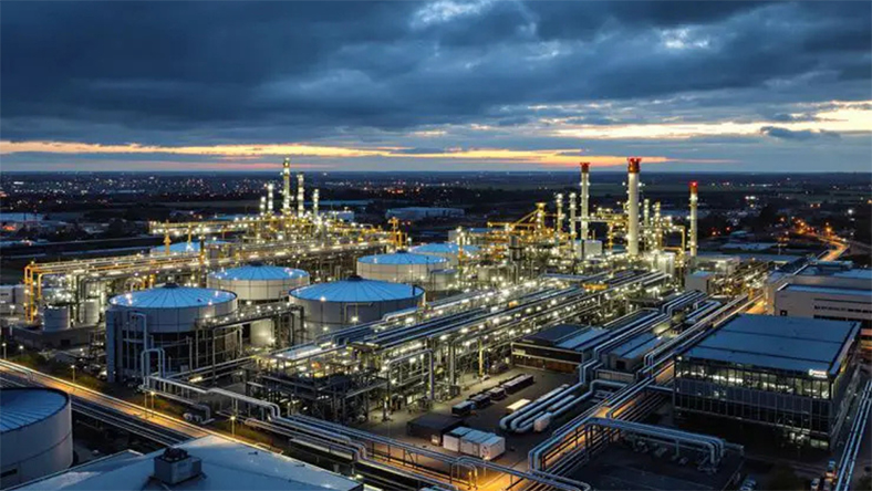 Large industrial hydrogen facility illuminated at dusk showcasing advanced energy infrastructure