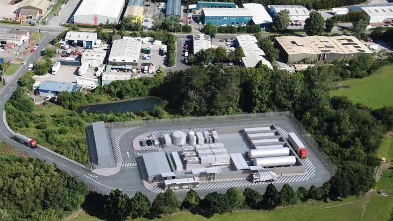 Aerial view of hydrogen production facility with storage tanks