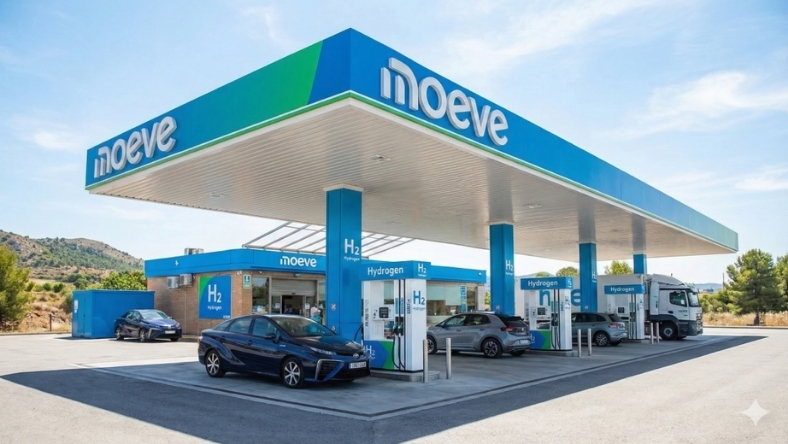 Moeve hydrogen fueling station with H2 pumps and cars